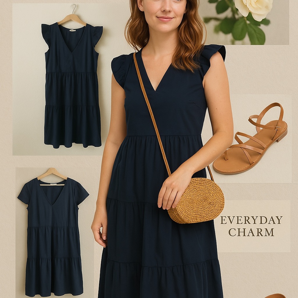 Navy Blue Ruffle Sleeve Dress